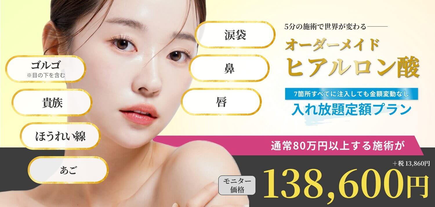 オーダーメイドヒアルロン酸-涙袋、ゴルゴ(※目の下を含む)、鼻、貴族、ほうれい線、唇、あご、通常80万円以上する施術が7箇所全て入れても138,600円