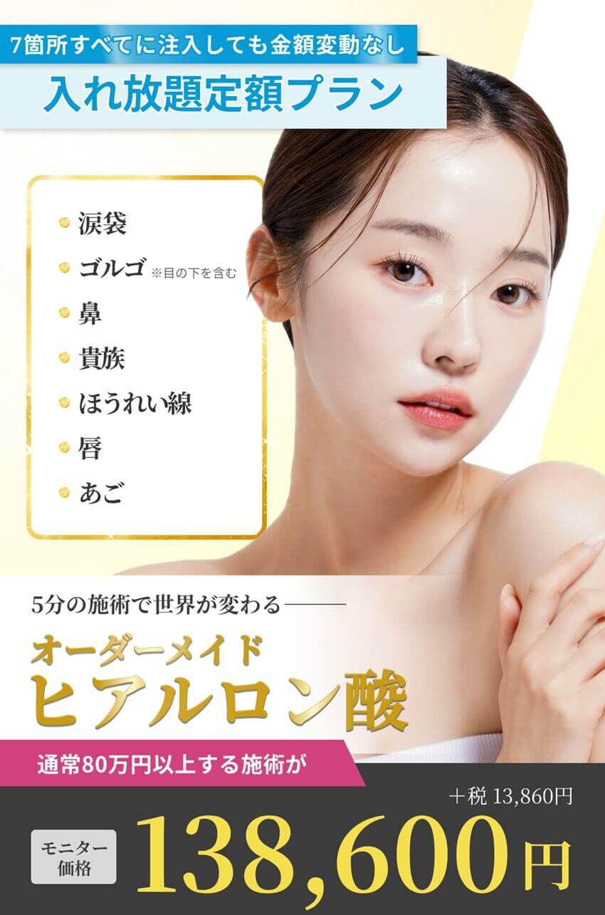 オーダーメイドヒアルロン酸-涙袋、ゴルゴ(※目の下を含む)、鼻、貴族、ほうれい線、唇、あご、通常80万円以上する施術が7箇所全て入れても138,600円